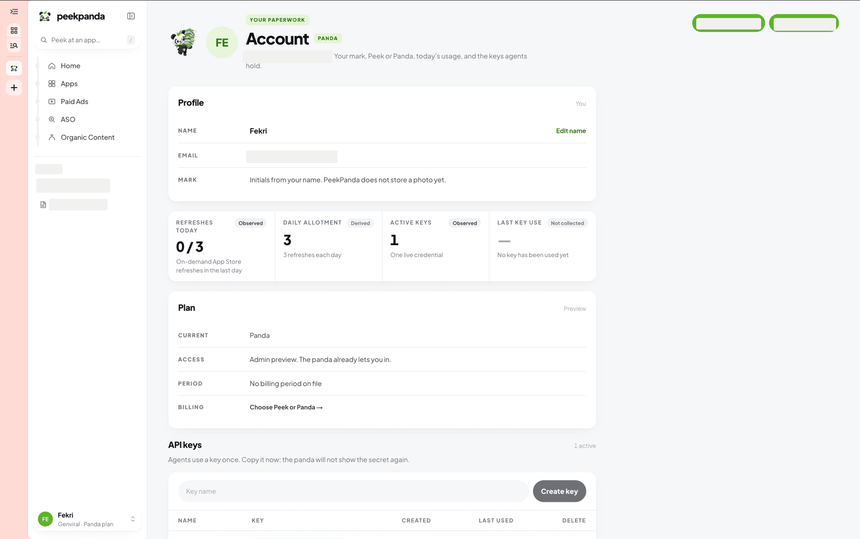 Account, with the profile card and the plan chip.