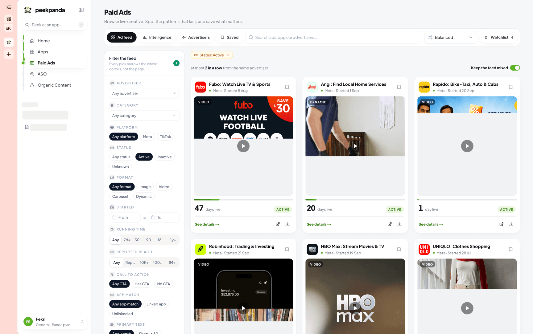 The bookmark sits on the creative card, in the paid ads library and the organic library.